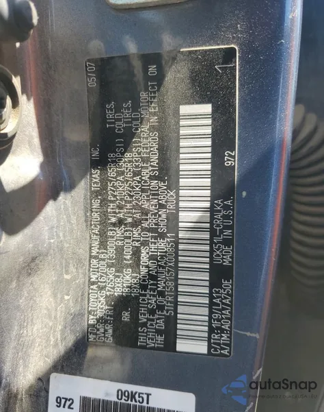 2007 Toyota Tundra Double Cab Limited z USA, uszkodzony, nr VIN 5TFRT58157X008511